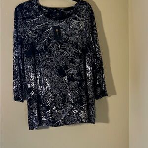 JM Collection Navy Long-Sleeve Top with Silver Floral Foil